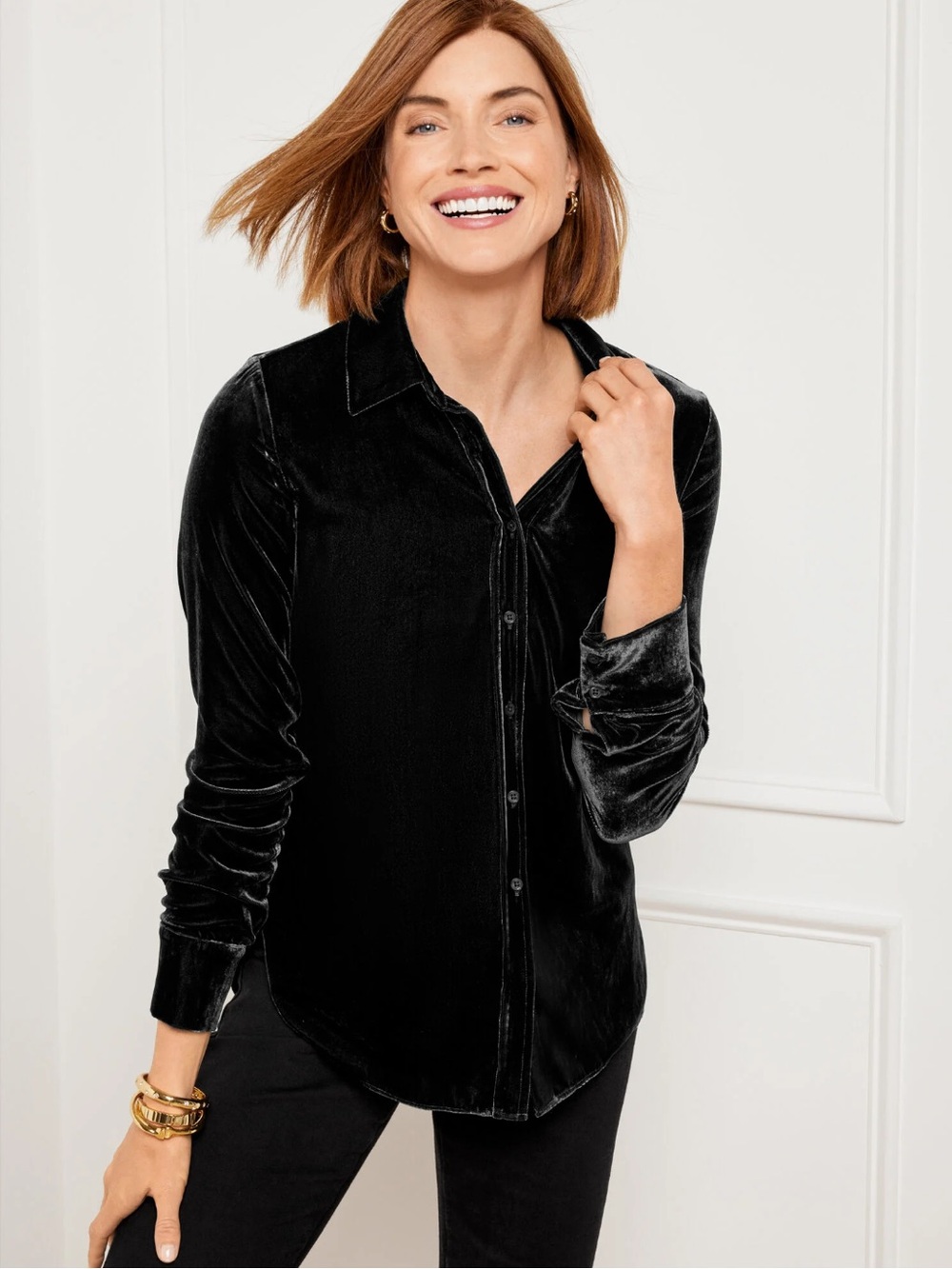 Talbots Women's Effortless Velvet Classic Fit Button Front Shirt Black XL Petite